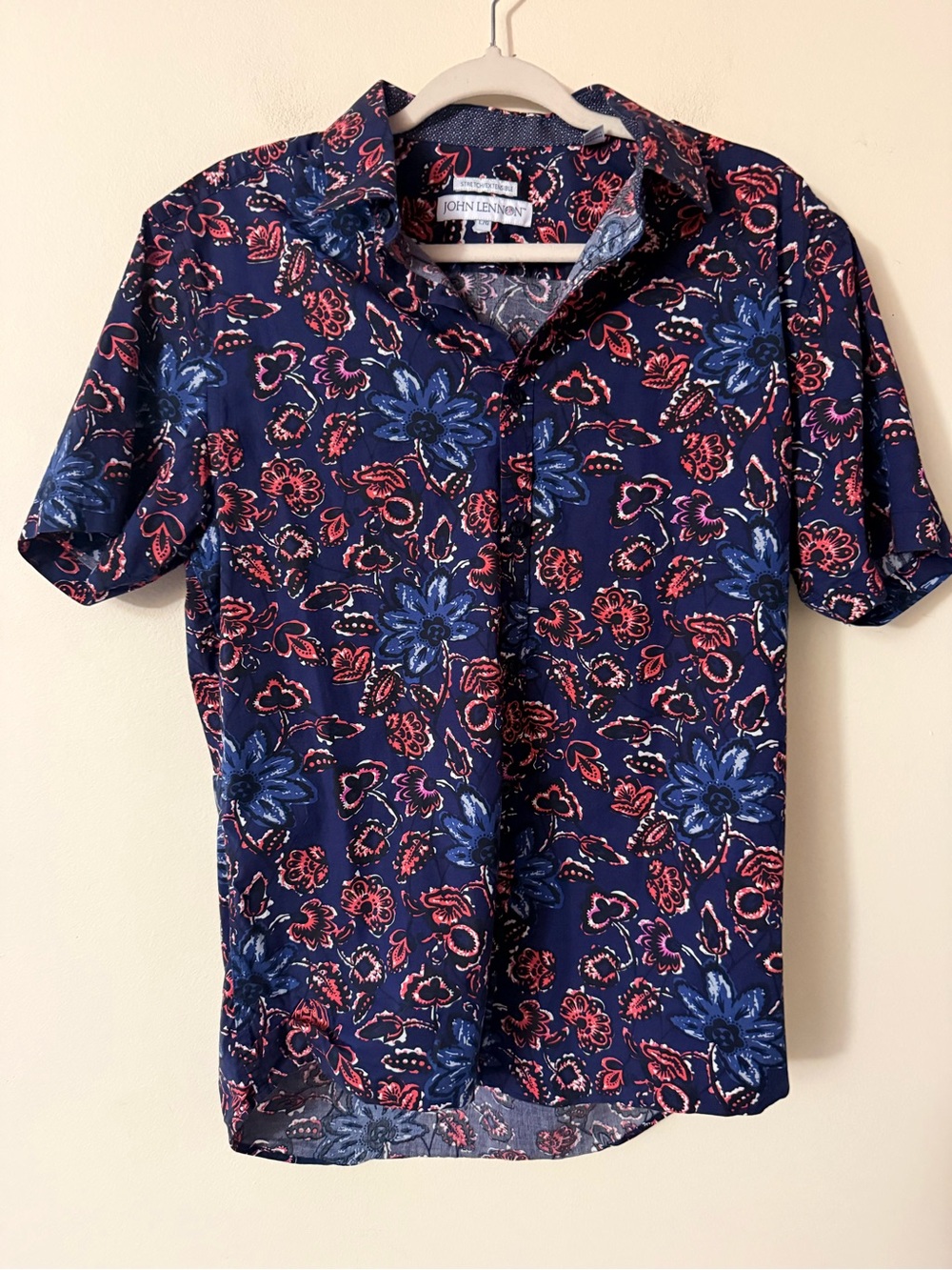 John Lennon Stretch Navy Floral Short Sleeve Shirt, size L